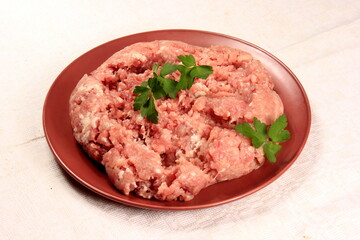 Ground pork on a plate decorated with green parsley leaves