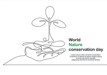World nature conservation day. Single continuous line of hands holding tree leaf. Plant leaves grow planet Earth seedling eco natural concept design sketch drawing vector illustration art
