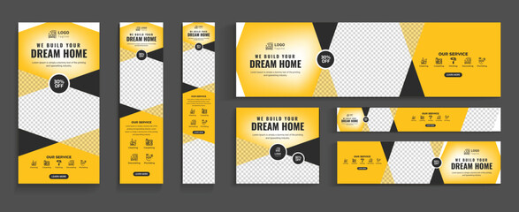 construction web banner bundle, construction site banner, home repair web banner template editable, home maintenance social media banner. excavator banner template bundle