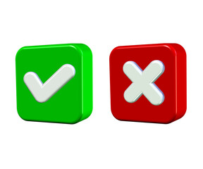 3D check and cross mark sign icon green white and red
white color