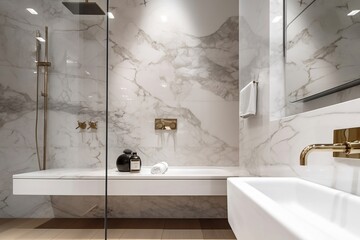 Elegant Modern Bathroom with Golden Accents, Interior Design, AI Generated