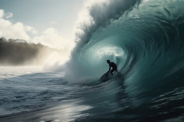 Professional surf boarder riding epic big tube wave. Generative AI.