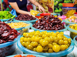 variety of candied fruit in the market