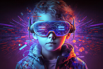 Young boy wearing VR virtual reality headset. Neon lights and lines. Futuristic technological theme. Neon lights. Generative AI technology