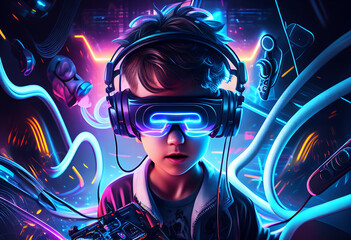 Young boy wearing VR virtual reality headset. Neon lights and lines. Futuristic technological theme. Neon lights. Generative AI technology