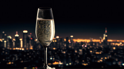 A glass of Champagne with a city during nighttime  in the  background