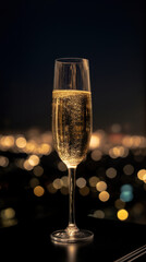A glass of Champagne with a city during nighttime  in the  background
