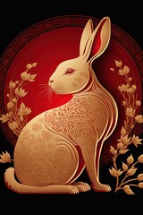 illustration of chinese happy new year with rabbit, red and gold. Generative Ai.
