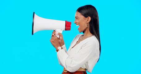 Megaphone, voice and announcement of woman isolated on blue background broadcast, breaking news and...