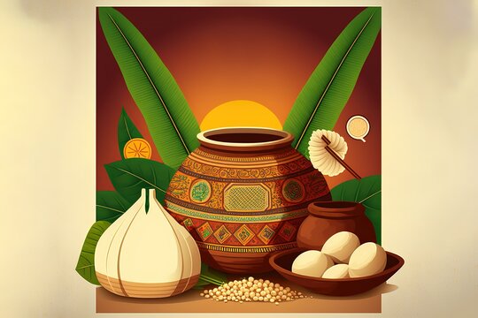 illustration of Happy Pongal Holiday Harvest Festival of Tamil Nadu South India greeting background. Generative Ai.