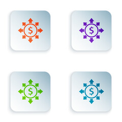 Color Dollar, share, network icon isolated on white background. Set colorful icons in square buttons. Vector