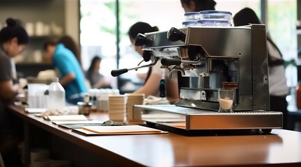 Images of modern coffee machines inside coffee shops and people blurred. AI-generated images