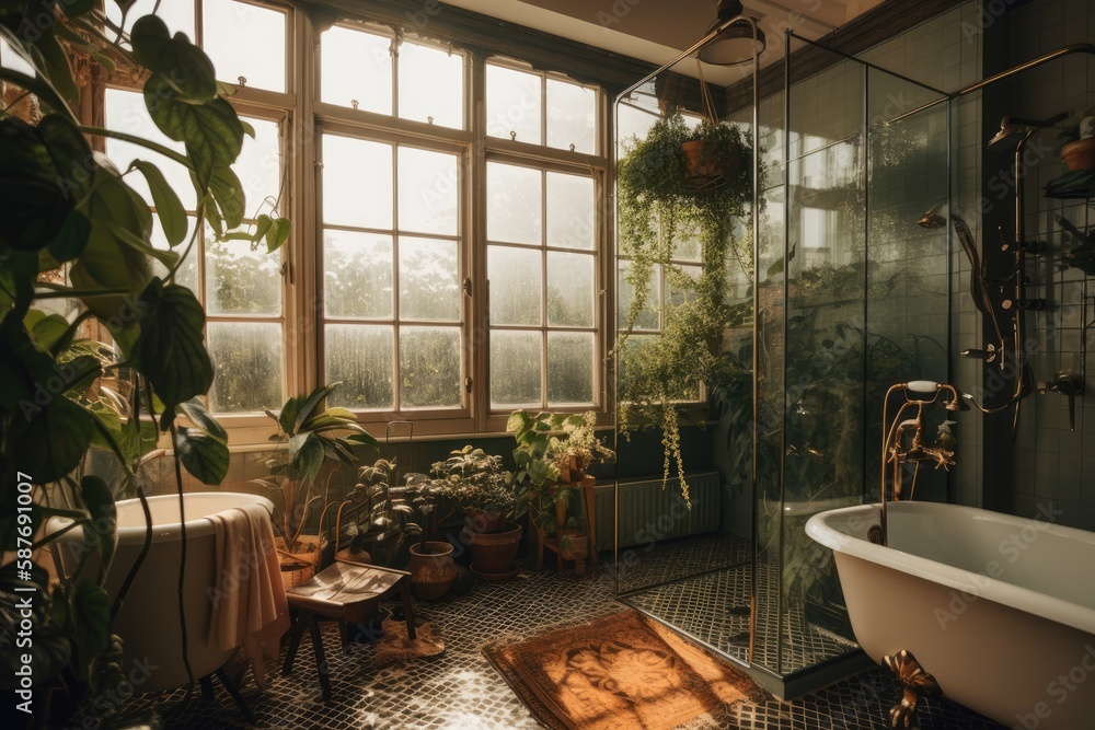 Poster relaxing bathroom with a view of nature through a window. generative ai