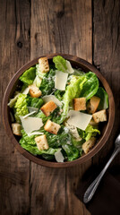 Obraz na płótnie Canvas A Bowl With Caesar Salad in a Rustic Setting