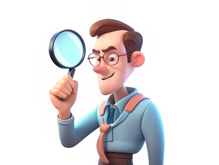 3d character people with a magnifying glass