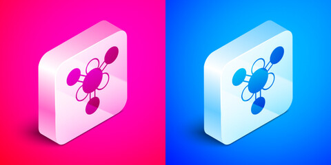 Isometric Molecule icon isolated on pink and blue background. Structure of molecules in chemistry, science teachers innovative educational poster. Silver square button. Vector