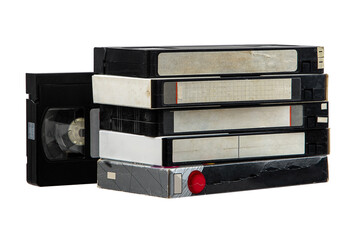 Pile of VHS video cassettes. Vintage media. Isolate on a white back.