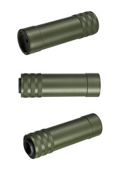 Khaki green silencer for weapons. Suppressor that is at the end of an assault rifle. Isolate on a...