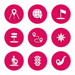 Set Route location, Traffic light, Wind rose, Map marker with silhouette of person, Road traffic sign, Flag and icon. Vector