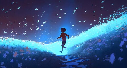 Obraz na płótnie Canvas night scenery of the boy running on blue meadow with glowing petal of flowers, digital art style, illustration painting, Generative AI