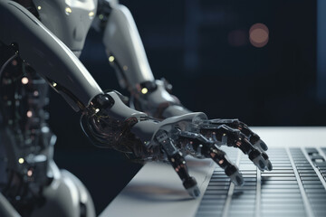 Fototapeta na wymiar Humanoid robot hands typing on a computer keyboard. Generative AI