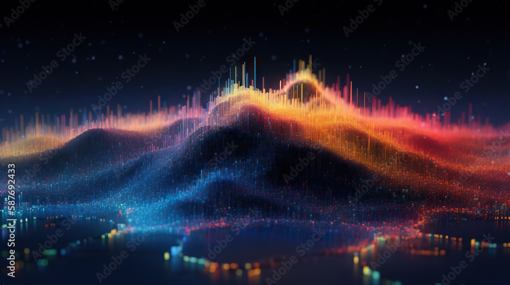 Poster multicolor glowing data over abstract digital landscape. based on generative ai