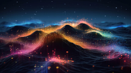 Multicolor glowing data over abstract digital landscape. Based on Generative AI