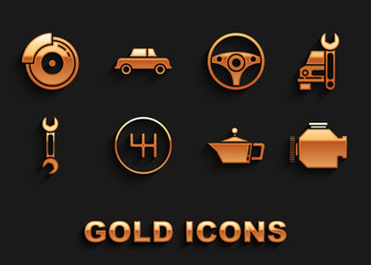 Set Gear shifter, Car service, Check engine, Canister for motor machine oil, Wrench, Steering wheel, brake disk with caliper and icon. Vector