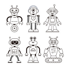 Set of cute cartoon robots in line style. Smiling robot characters for coloring page. Isolated vector outline illustration. 
