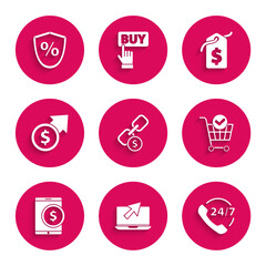 Set Chain link and coin, Laptop cursor, Telephone 24 hours support, Shopping cart with check mark, Tablet dollar, Financial growth, Price tag and Loan percent icon. Vector