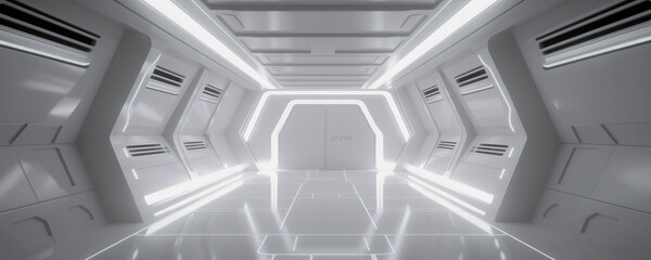 Space station, spacecraft scifi style corridor or hallway, leading to a door. White clean illuminated walls, ultra modern sci-fi design. Generative AI.
