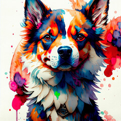 watercolor art, portrait of a dog
