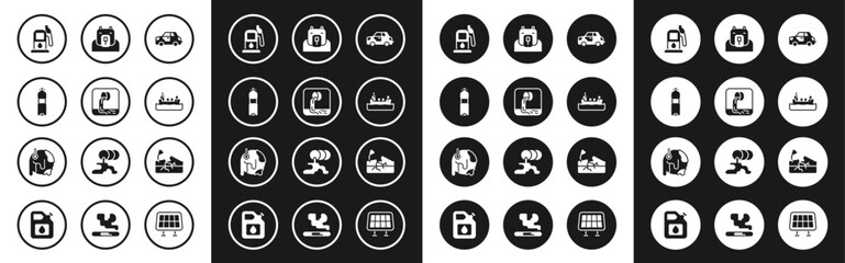 Set Car, Wastewater, Bottle of, Petrol or gas station, Oil tanker ship, Polar bear head, Earthquake and Global warming icon. Vector