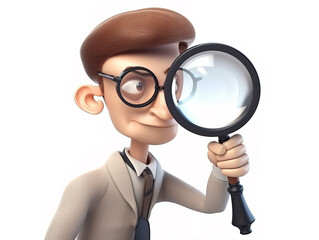 3d rendering. Search icon. A cartoon character holds a large lens with a magnifying glass. Clip art of Business of science, highlighted on a white background