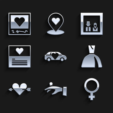 Set Limousine car, Wedding rings on hand, Female gender symbol, Woman dress, Amour with heart arrow, Greeting card, Family photo and Photo frames hearts icon. Vector