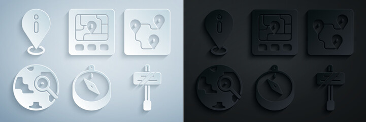 Set Compass, Route location, Magnifying glass with globe, Road traffic sign, Gps device map and Location information icon. Vector