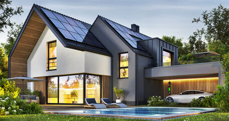 Night view of a beautiful modern house with solar panels and a swimming pool - 587693292