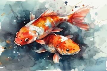 Illustration of two koi fish in a watercolor style. Generative AI