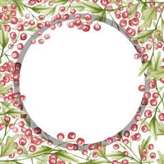 Twig with red berries, watercolor drawing. Frame, border, background. Stylized pink berries, twig with leaves. Design for packaging, postcard, holiday