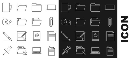 Set line File document and binder clip, Paper, Document folder, Scotch, Coffee cup and icon. Vector