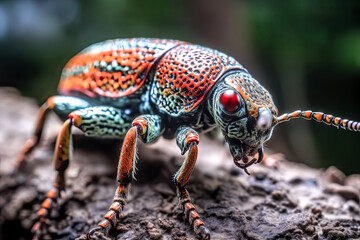 A close-up of an insect reveals its intricate details, with vivid colors and textures. - generative ai.