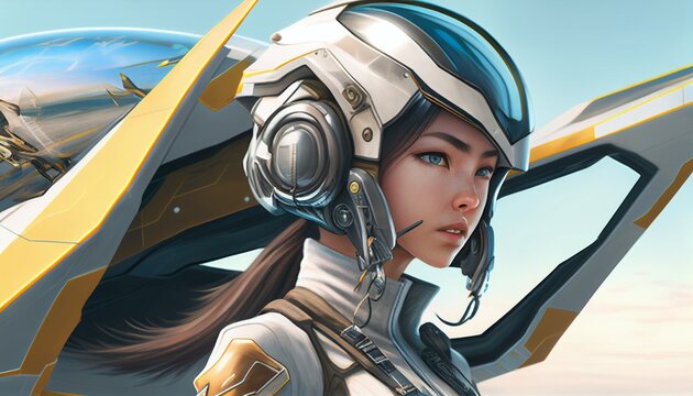Wearing a pilot's helmet, detailed eyes, a slim figure, smile,Warframe,Big Close-Up(BCU),The future of science and technology, the beautiful girl, fighter pilots, standing in front of the plane