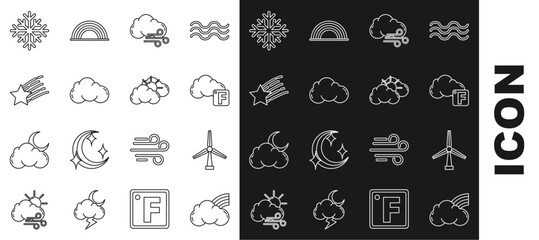 Set line Rainbow with clouds, Wind turbine, Fahrenheit and, Windy weather, Cloud, Falling star, Snowflake and Sun icon. Vector