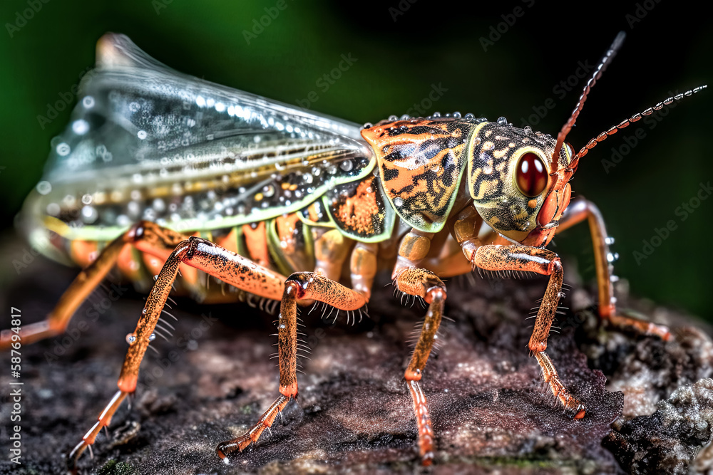 Poster a mesmerizing close-up view of an insect comes to life with vivid colors - generative ai.