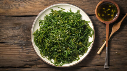 A Plate with Seaweed Salad in a Rustic Setting