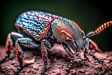A close-up of an insect reveals its intricate details, its body illuminated in vivid colors. - generative ai