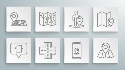 Set line Map pointer with house, Folded map location marker, Road traffic sign, Infographic of city navigation, silhouette person, and icon. Vector