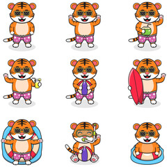 Summer cute Tiger vector illustration. Flat Tiger Summer Cartoon. Graphic cartoon character for banner, sticker advertising travel in summer theme illustration. Summer holiday concept design.