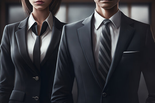 Close-up at woman and man in formal business suit uniform are standing together. Generative Ai image.	
