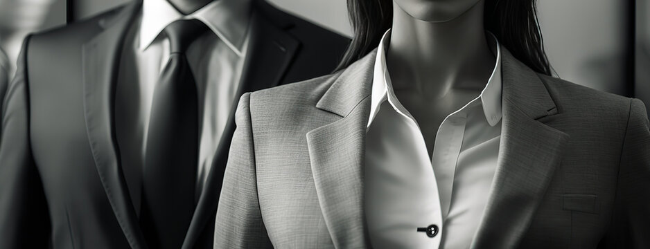 Close-up at woman and man in formal business suit uniform are standing together.  Generative Ai image.